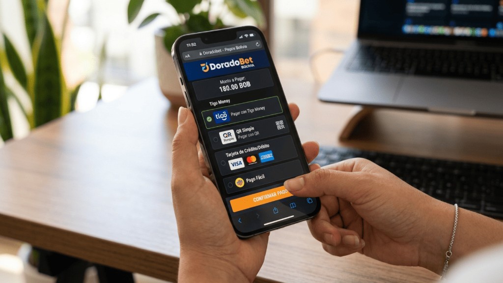 Experiencia móvil DoradoBet Bolivia en smartphone sobre escritorio