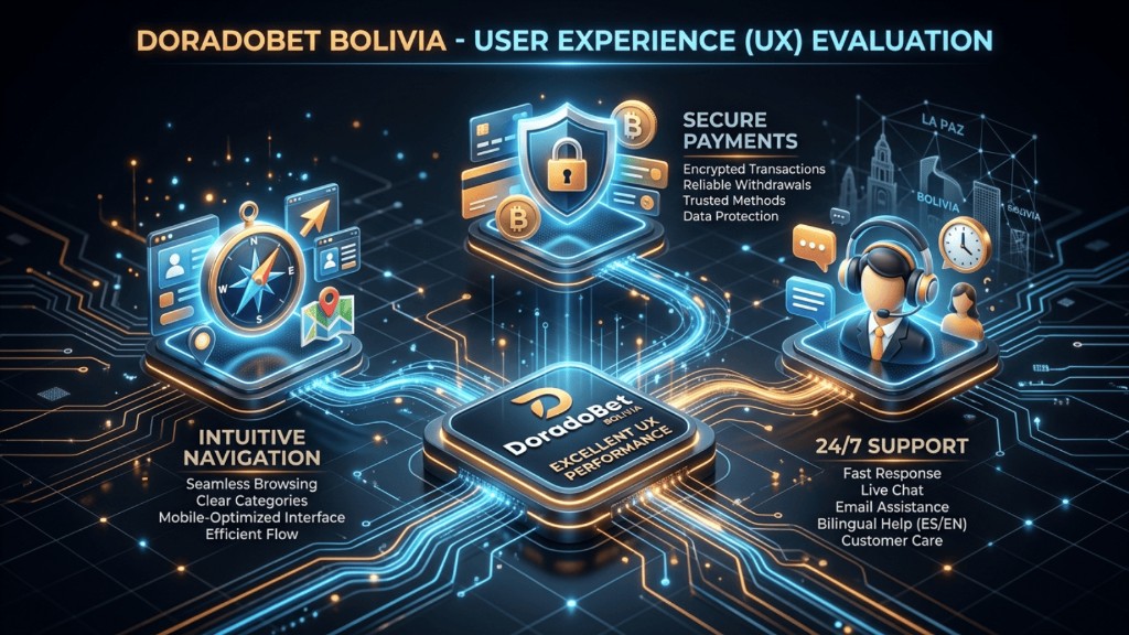 Infografía UX DoradoBet Bolivia con pagos seguros y soporte